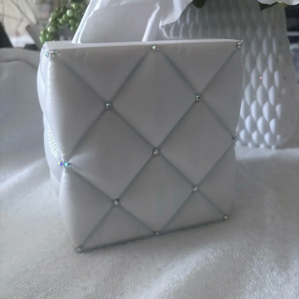 White Quilted Rhinestone Tissue Box Cover. Elegant Home Bath Accessory- 3D print